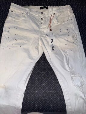 Purple Men’s White Skinny Jeans with Paint-Splatter Detailing